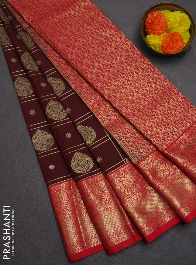 Semi kanchipuram silk saree deep maroon and red with allover zari checks & buttas and long zari woven border