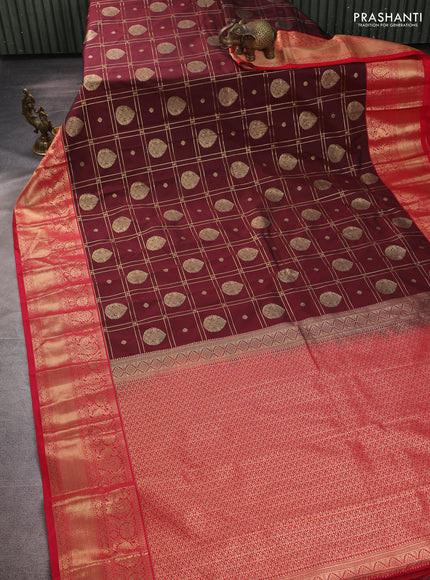 Semi kanchipuram silk saree deep maroon and red with allover zari checks & buttas and long zari woven border