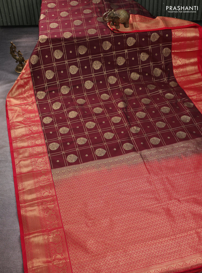 Semi kanchipuram silk saree deep maroon and red with allover zari checks & buttas and long zari woven border