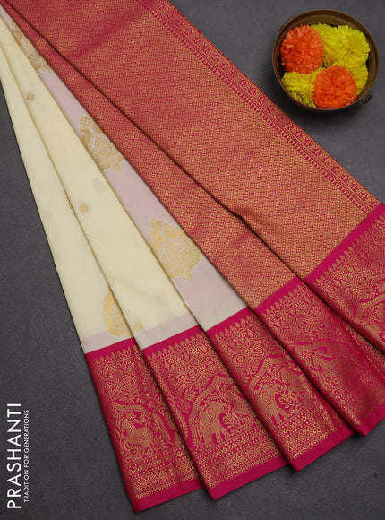Semi kanchipuram silk saree cream and pink with zari woven buttas and long zari woven border