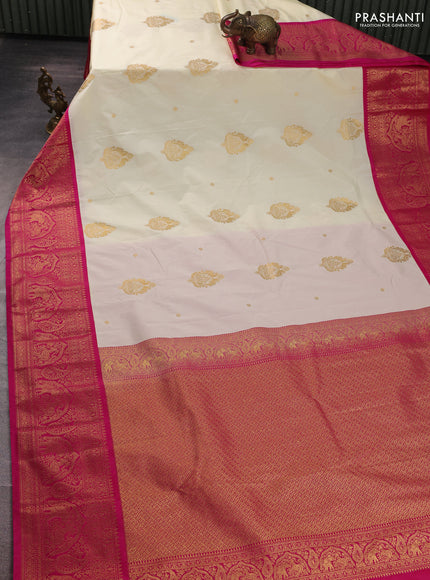 Semi kanchipuram silk saree cream and pink with zari woven buttas and long zari woven border