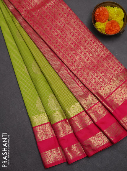Semi kanchipuram silk saree light green and pink with allover small zari checks & buttas and rettapet zari woven buttas