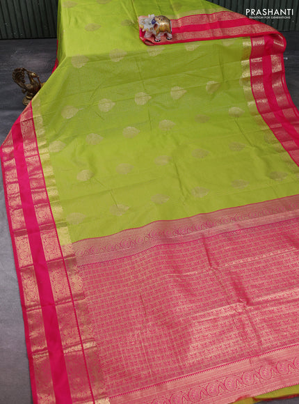 Semi kanchipuram silk saree light green and pink with allover small zari checks & buttas and rettapet zari woven buttas