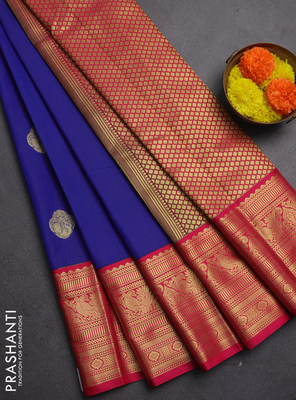 Semi kanchipuram silk saree blue and pink with zari woven buttas and zari wovne korvai border