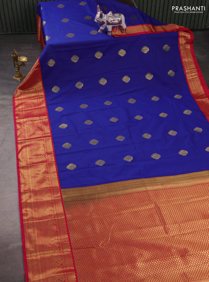 Semi kanchipuram silk saree blue and pink with zari woven buttas and zari wovne korvai border