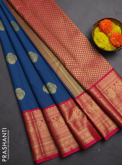 Semi kanchipuram silk saree peacock blue and pink with zari woven buttas and zari wovne korvai border