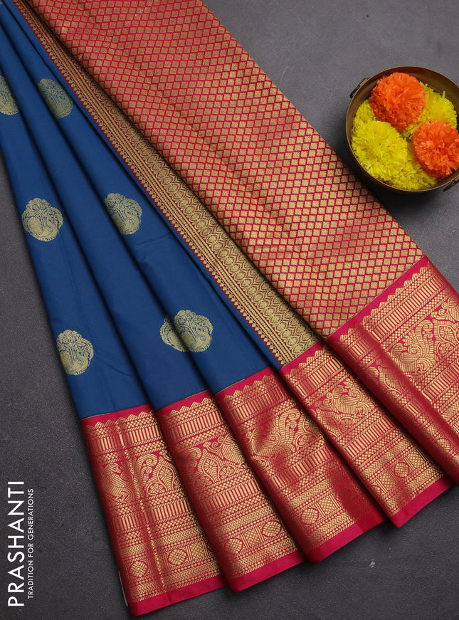 Semi kanchipuram silk saree peacock blue and pink with zari woven buttas and zari wovne korvai border