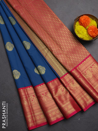 Semi kanchipuram silk saree peacock blue and pink with zari woven buttas and zari wovne korvai border