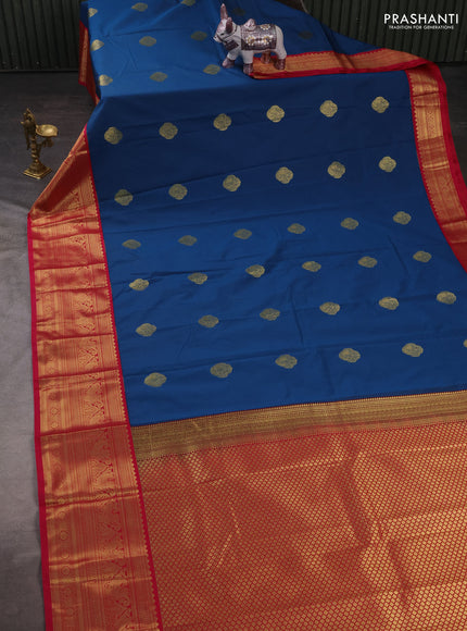 Semi kanchipuram silk saree peacock blue and pink with zari woven buttas and zari wovne korvai border