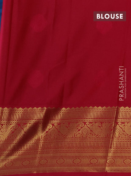 Semi kanchipuram silk saree peacock blue and pink with zari woven buttas and zari wovne korvai border