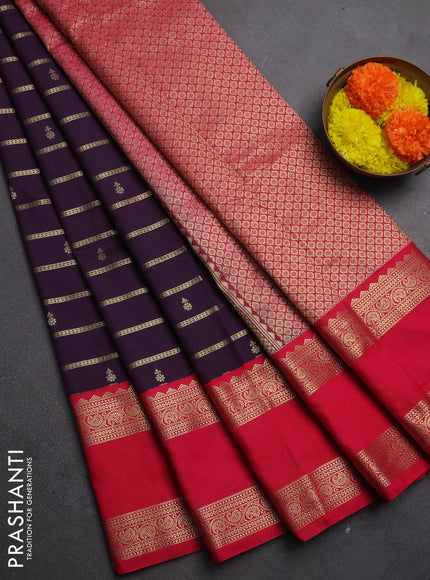 Semi kanchipuram silk saree deep purple and pink with allover zari weaves & buttas and rettapet zari woven korvai border