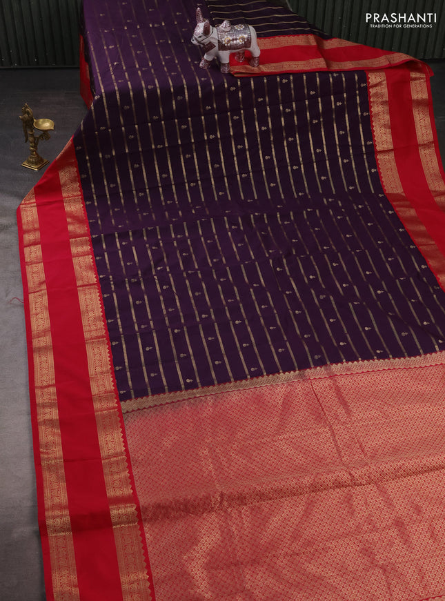 Semi kanchipuram silk saree deep purple and pink with allover zari weaves & buttas and rettapet zari woven korvai border
