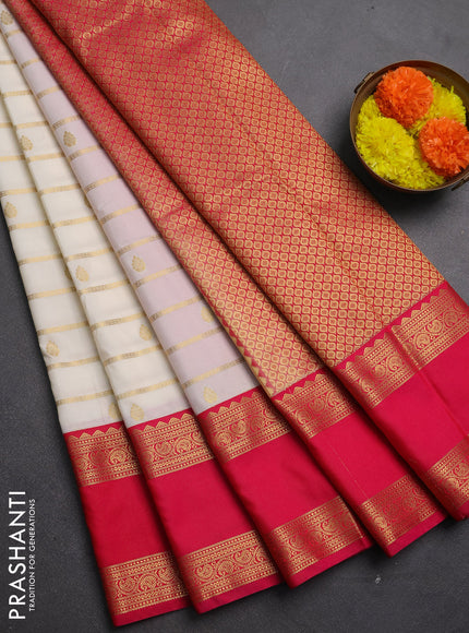 Semi kanchipuram silk saree off white and pink with allover zari weaves & buttas and rettapet zari woven korvai border