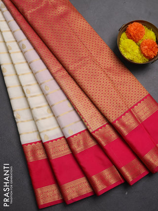 Semi kanchipuram silk saree off white and pink with allover zari weaves & buttas and rettapet zari woven korvai border