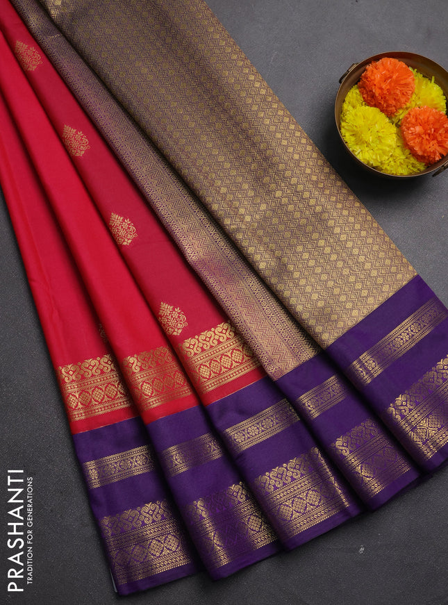 Semi kanchipuram silk saree pink and purple with allover zari woven buttas and long zari woven korvai border