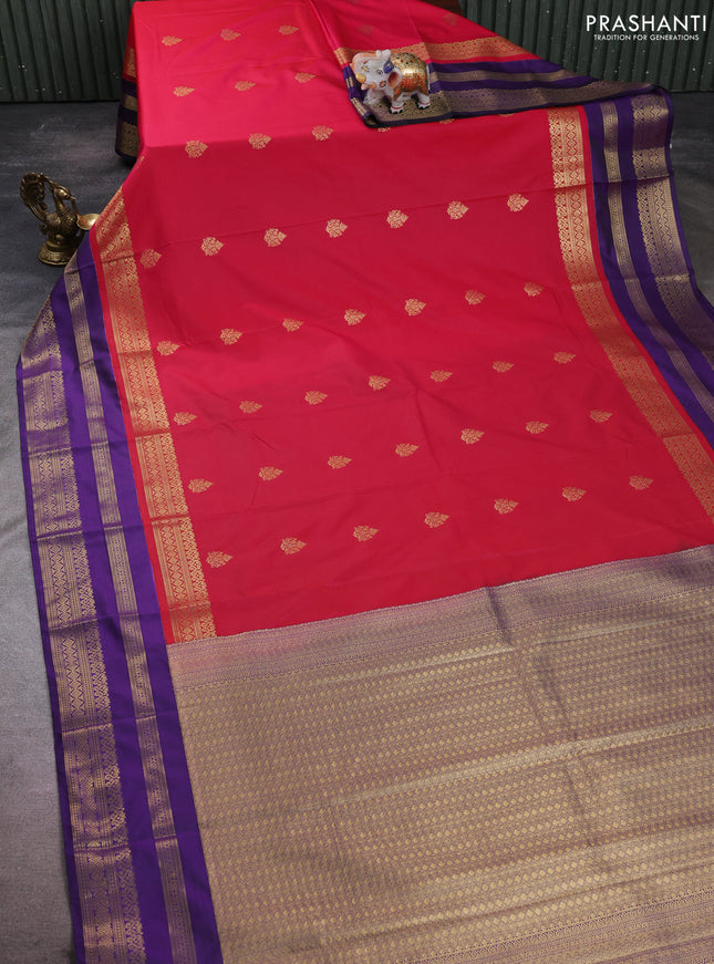 Semi kanchipuram silk saree pink and purple with allover zari woven buttas and long zari woven korvai border
