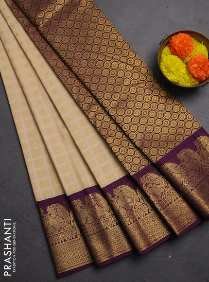 Semi kanchipuram silk saree beige and wine shade with allover checks & zari buttas and zari woven korvai border