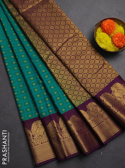 Semi kanchipuram silk saree teal green and wine shade with allover checks & zari buttas and zari woven korvai border
