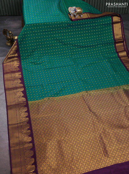 Semi kanchipuram silk saree teal green and wine shade with allover checks & zari buttas and zari woven korvai border