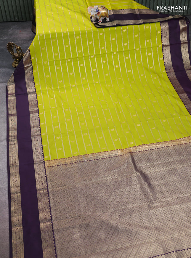 Semi kanchipuram silk saree lime green and deep purple with allover zari weaves & buttas and long rettapet zari woven border
