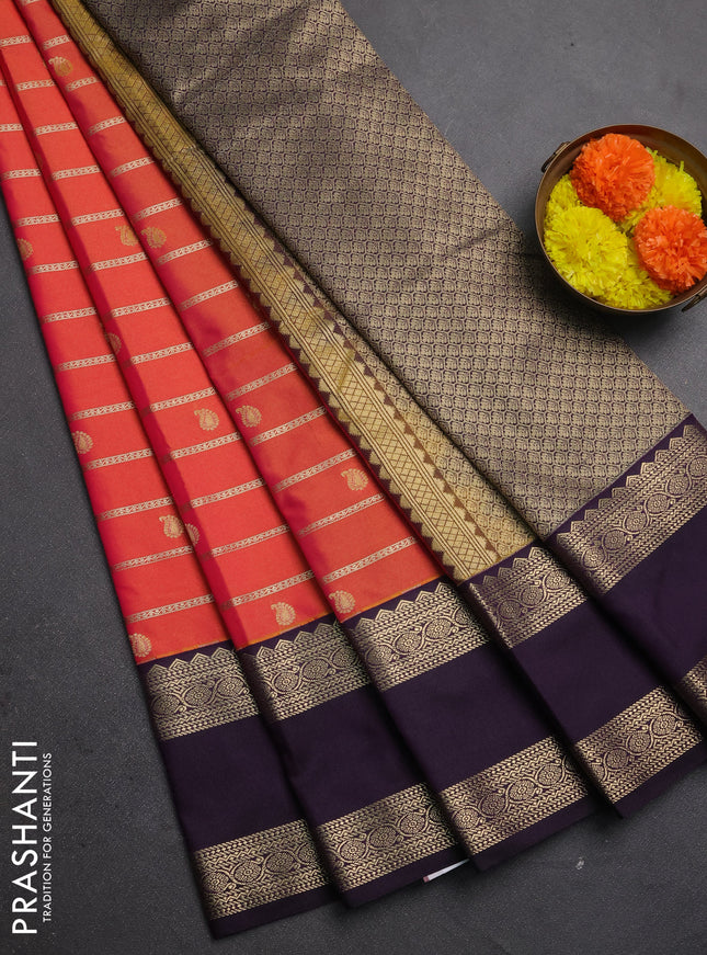 Semi kanchipuram silk saree red shade and deep purple with allover zari weaves & buttas and long rettapet zari woven border