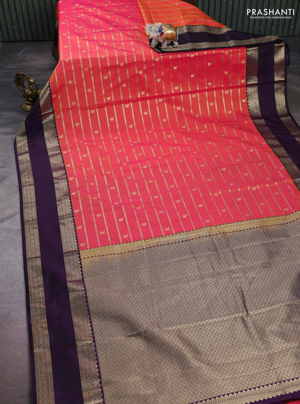 Semi kanchipuram silk saree red shade and deep purple with allover zari weaves & buttas and long rettapet zari woven border