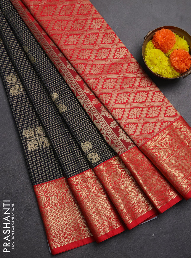 Semi kanchipuram silk saree dark grey and red with allover small zari checks & buttas and zari woven korvai border