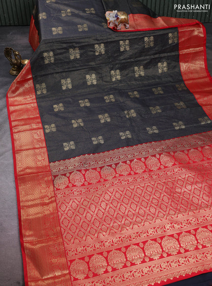 Semi kanchipuram silk saree dark grey and red with allover small zari checks & buttas and zari woven korvai border