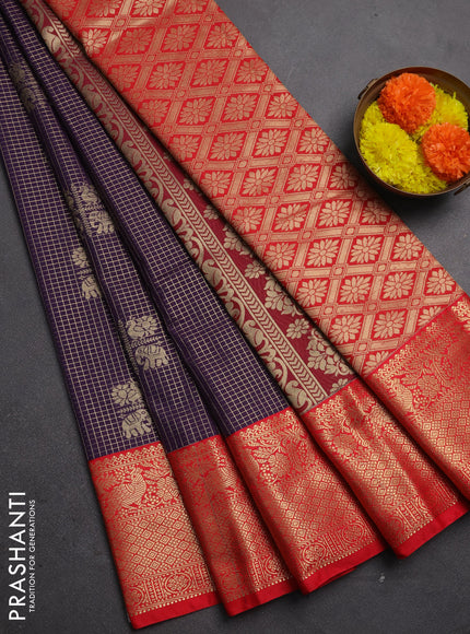 Semi kanchipuram silk saree purple and red with allover small zari checks & buttas and zari woven korvai border