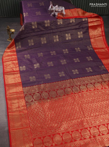 Semi kanchipuram silk saree purple and red with allover small zari checks & buttas and zari woven korvai border