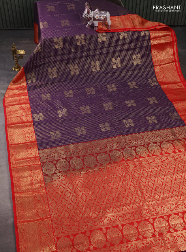Semi kanchipuram silk saree purple and red with allover small zari checks & buttas and zari woven korvai border