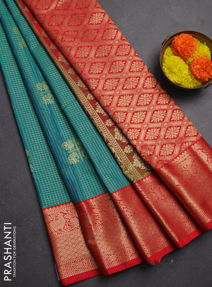 Semi kanchipuram silk saree teal green and red with allover small zari checks & buttas and zari woven korvai border
