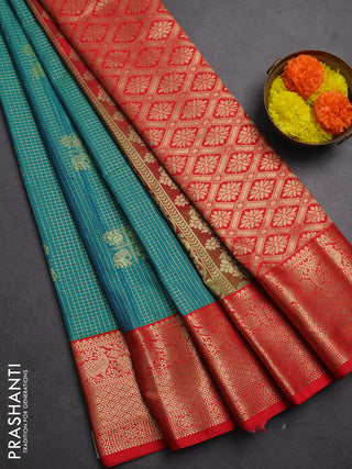 Semi kanchipuram silk saree teal green and red with allover small zari checks & buttas and zari woven korvai border