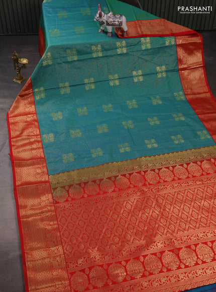 Semi kanchipuram silk saree teal green and red with allover small zari checks & buttas and zari woven korvai border