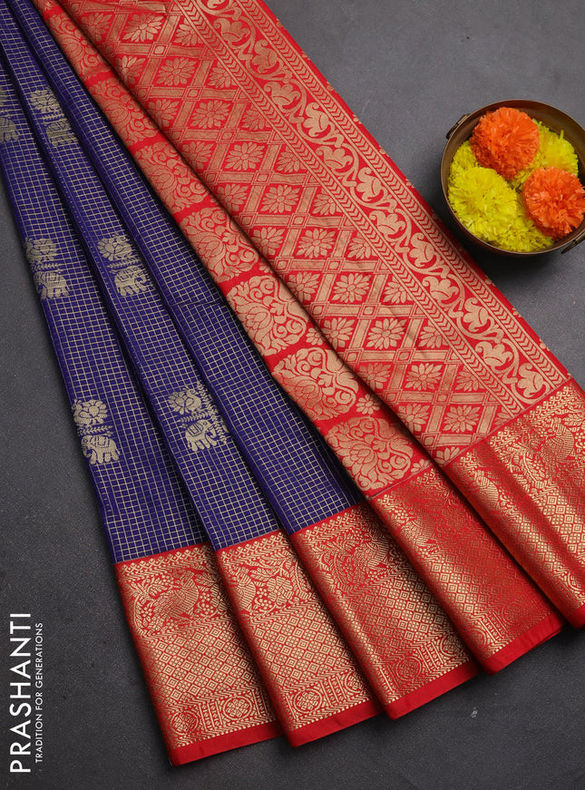 Semi kanchipuram silk saree navy blue and red with allover zari checks & buttas and zari woven korvai border