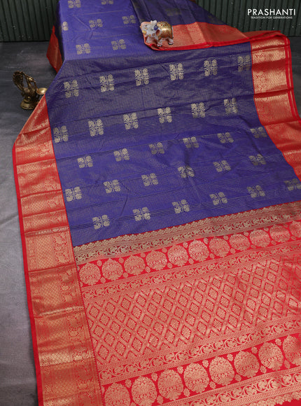 Semi kanchipuram silk saree navy blue and red with allover zari checks & buttas and zari woven korvai border