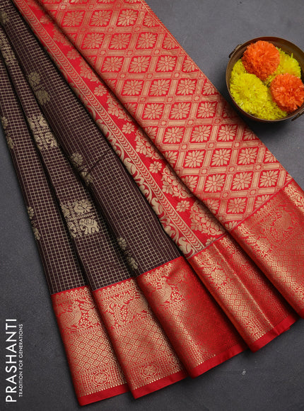 Semi kanchipuram silk saree coffee brown and red with allover zari checks & buttas and zari woven korvai border