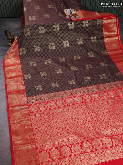 Semi kanchipuram silk saree coffee brown and red with allover zari checks & buttas and zari woven korvai border
