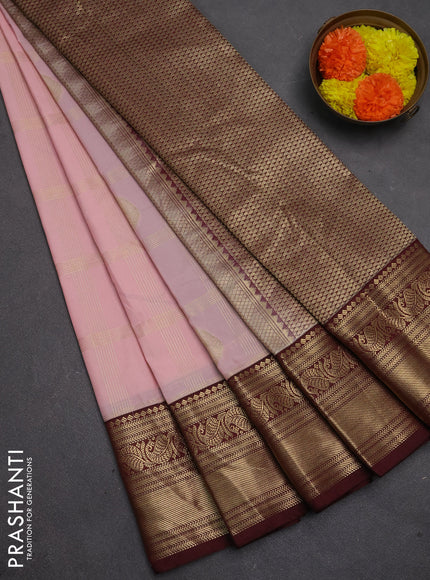 Semi kanchipuram silk saree pastel pink and deep maroon with allover zari checks & buttas and zari woven border