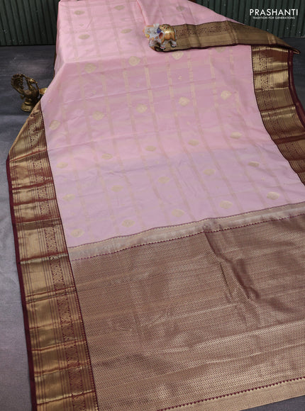 Semi kanchipuram silk saree pastel pink and deep maroon with allover zari checks & buttas and zari woven border