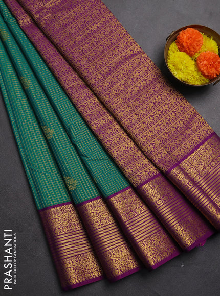 Semi kanchipuram silk saree teal green and purple with allover small checks & buttas and zari woven korvai border