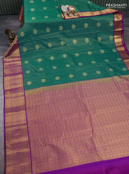 Semi kanchipuram silk saree teal green and purple with allover small checks & buttas and zari woven korvai border