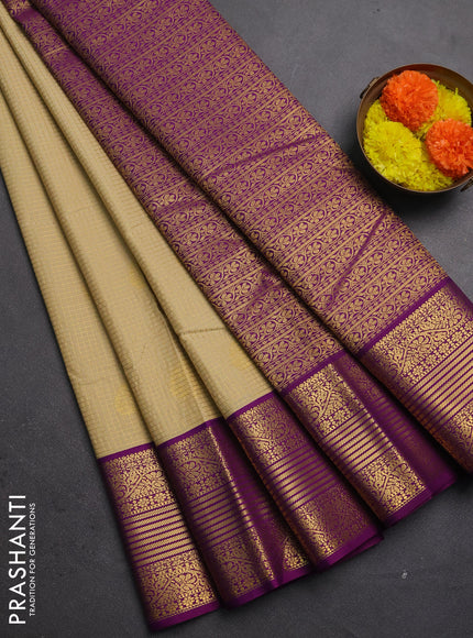 Semi kanchipuram silk saree beige and purple with allover small checks & buttas and zari woven korvai border