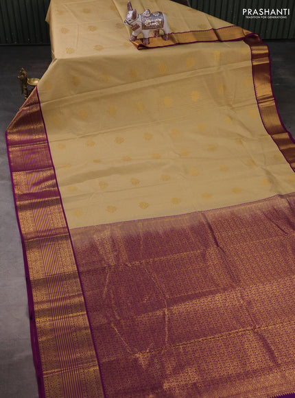 Semi kanchipuram silk saree beige and purple with allover small checks & buttas and zari woven korvai border