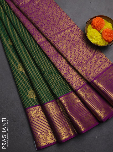 Semi kanchipuram silk saree green and purple with allover small checks & buttas and zari woven korvai border