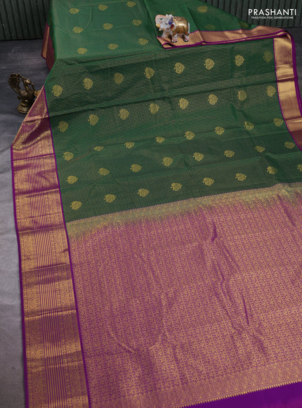 Semi kanchipuram silk saree green and purple with allover small checks & buttas and zari woven korvai border