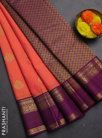 Semi kanchipuram silk saree peach orange and purple with zari woven buttas and zari woven korvai border