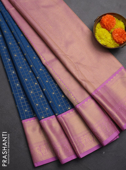 Semi kanchipuram silk saree peacock blue and lotus pink with allover zari checks & buttas and rich zari woven korvai border