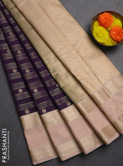 Semi kanchipuram silk saree deep wine and beige with allover zari weaves & buttas and rettapet zari woven border