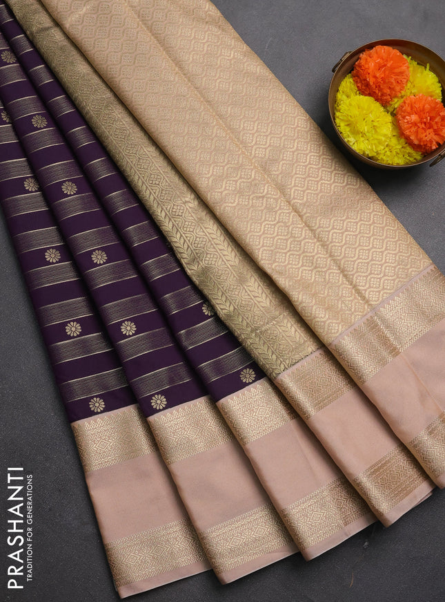 Semi kanchipuram silk saree deep wine and beige with allover zari weaves & buttas and rettapet zari woven border